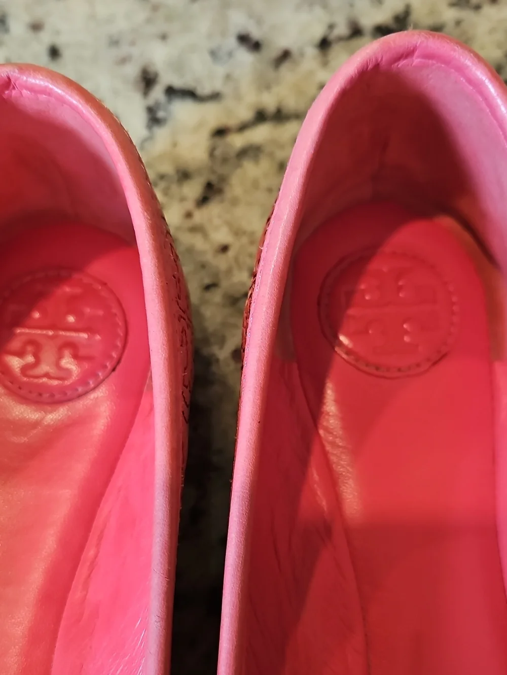 Tory Burch Pink Embossed Logo Bow Ballet Flats with Gold Medallions